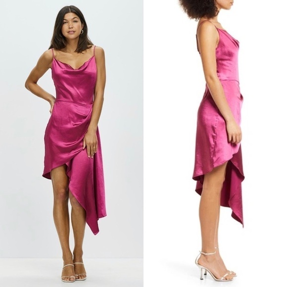 NWT ELLIATT 70s Satin Cowl Neck Sleeveless Asymmetrical Wrap Hem Draped Dress S - Picture 4 of 10